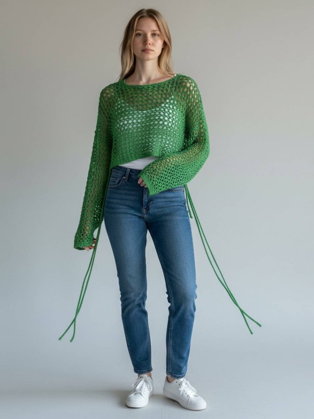 Green Crochet Long-Sleeve Crop Top - Women